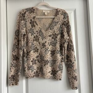 Mainbocher 100% Cashmere Sweater V-Neck Floral Print Tan Brown Size Large L